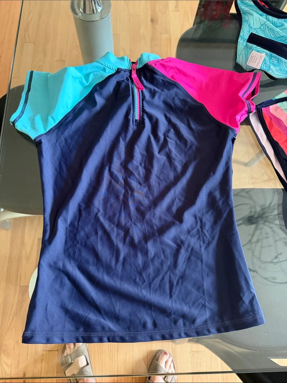 Girls' Multi-Stripe Reversible Swim Set - Navy, Pink & Teal